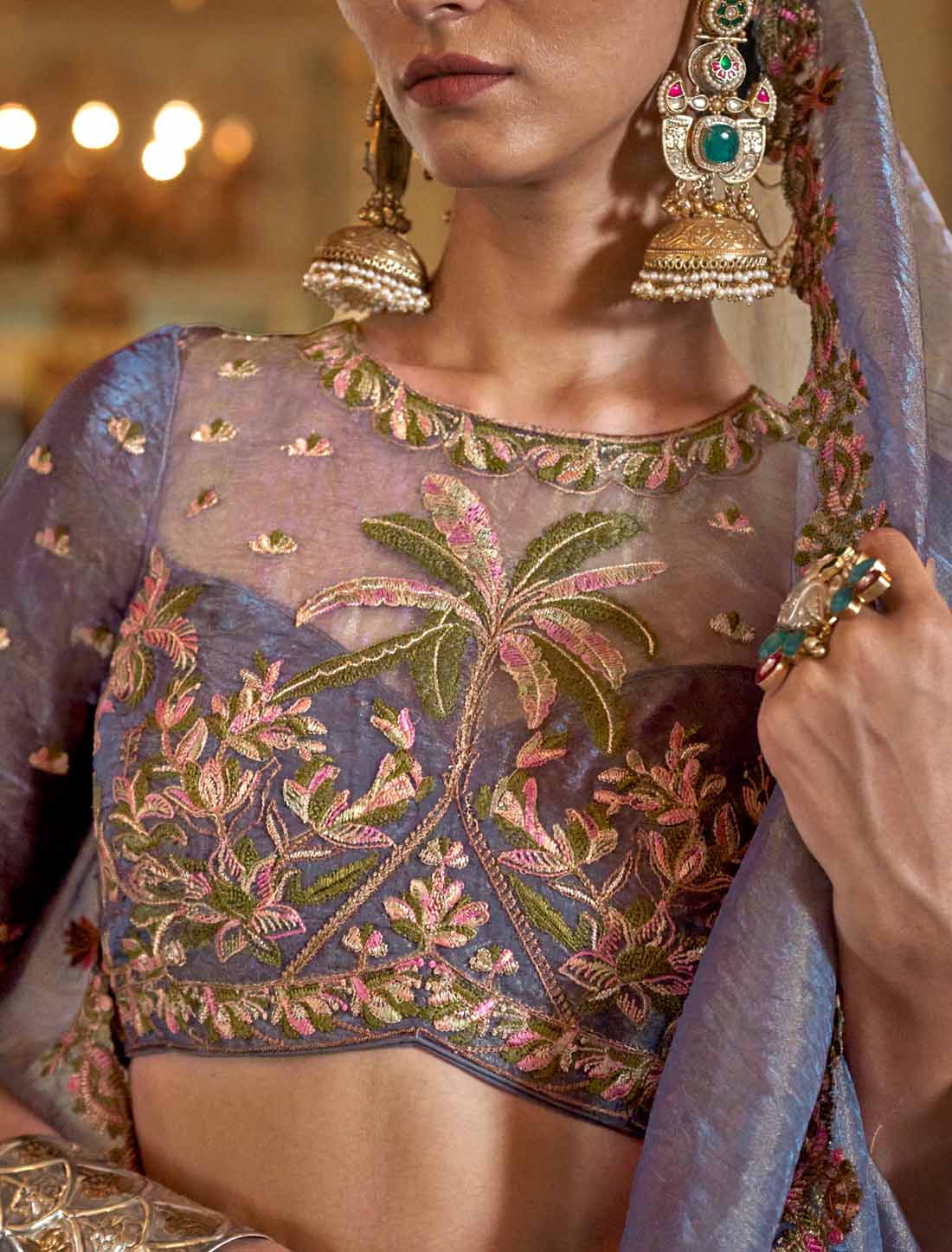 Ethnic Shine Grey Soft Tissue Multi Thread Embroidery Saree