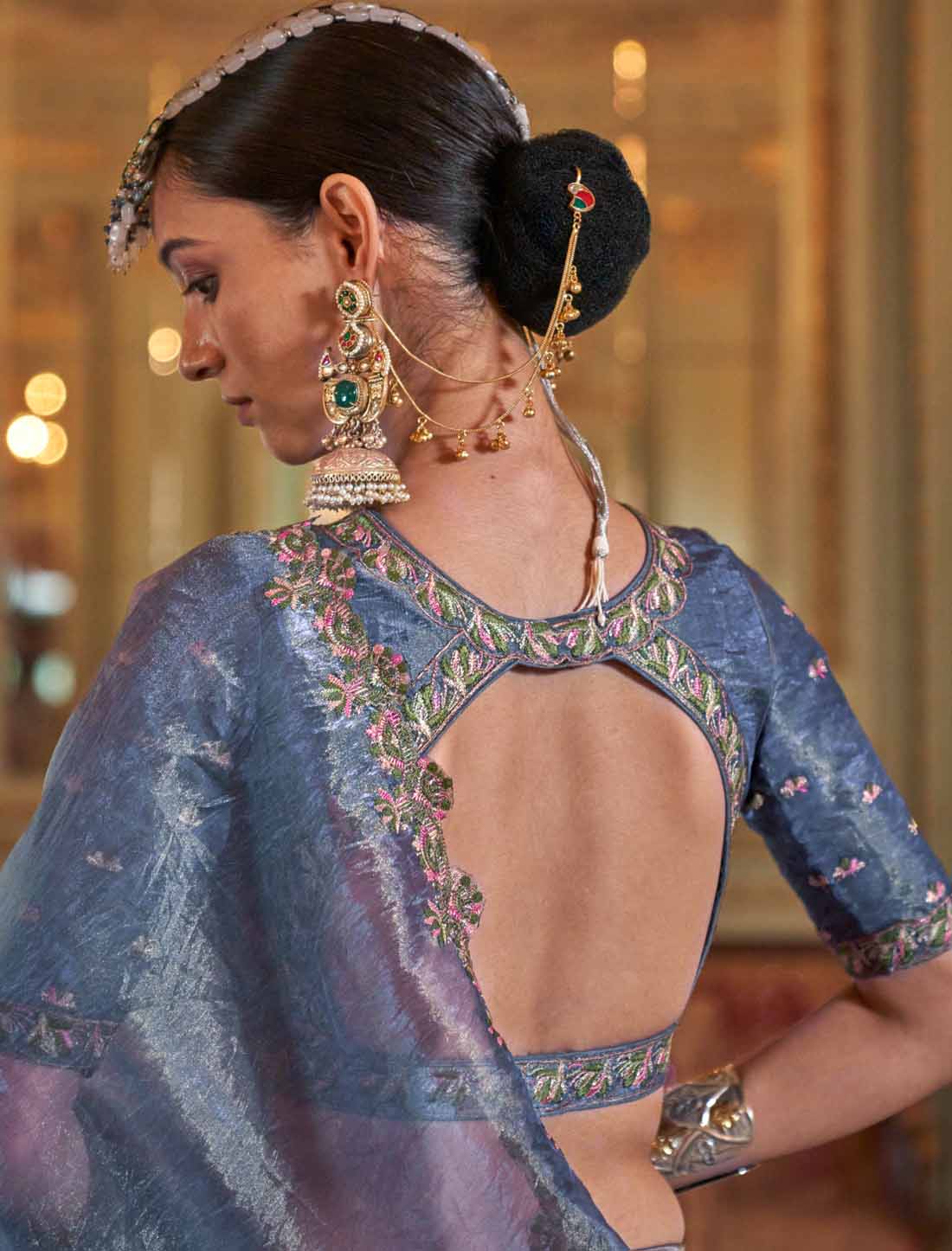 Ethnic Shine Grey Soft Tissue Multi Thread Embroidery Saree