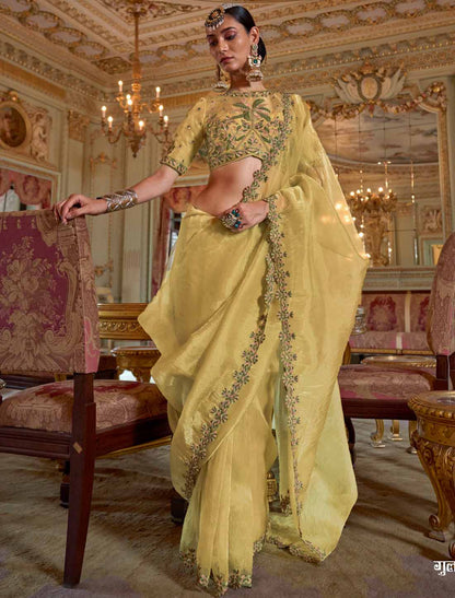 Lime Yellow Soft Tissue Ethnic Multi Thread Embroidery Work Saree