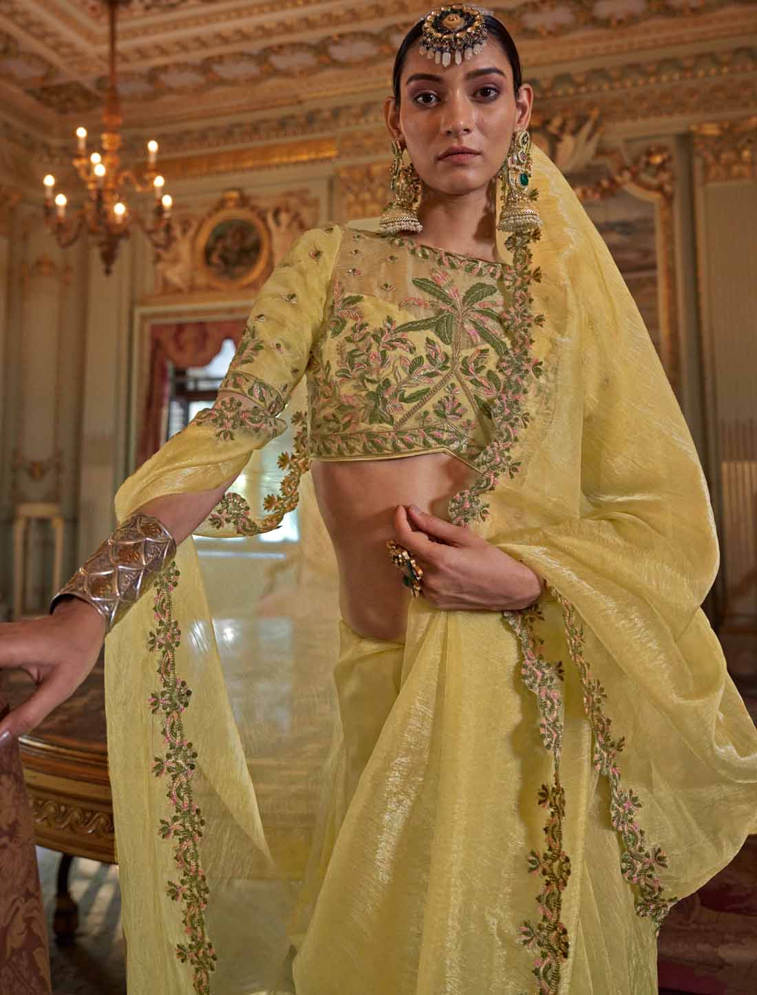 Lime Yellow Soft Tissue Ethnic Multi Thread Embroidery Work Saree