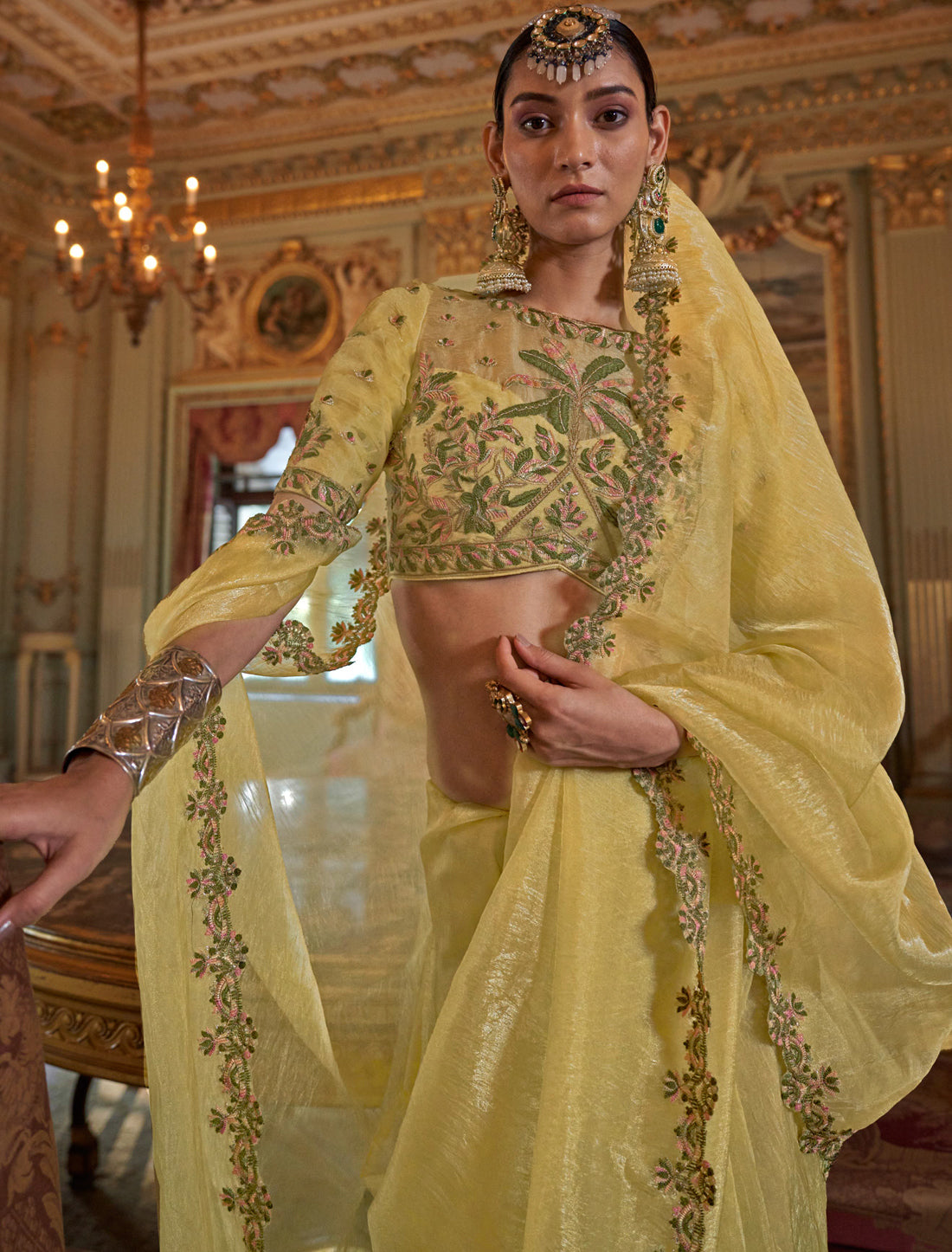 Lime Yellow Soft Tissue Ethnic Multi Thread Embroidery Work Saree