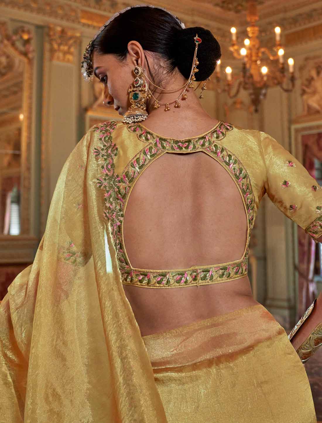 Lime Yellow Soft Tissue Ethnic Multi Thread Embroidery Work Saree