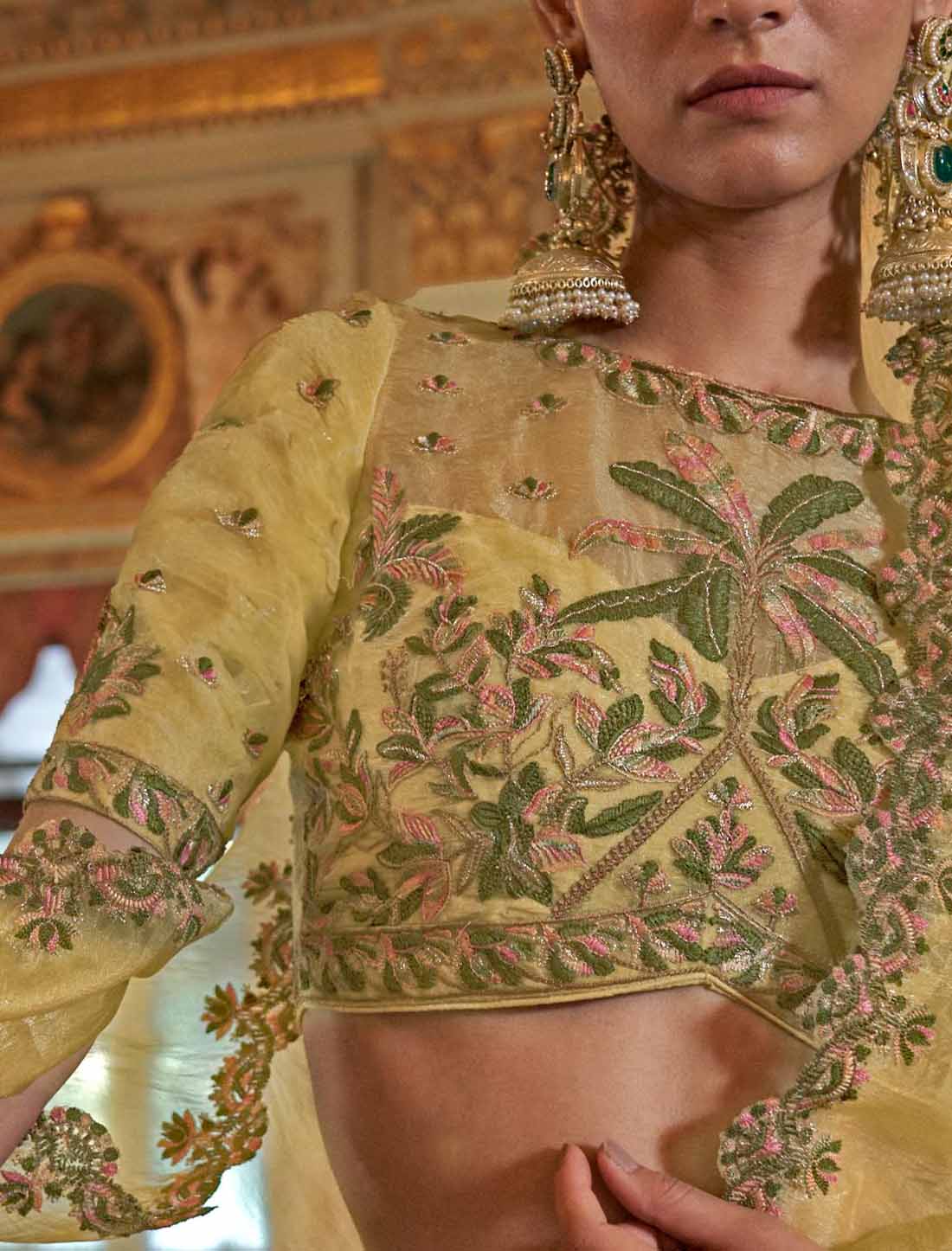 Lime Yellow Soft Tissue Ethnic Multi Thread Embroidery Work Saree