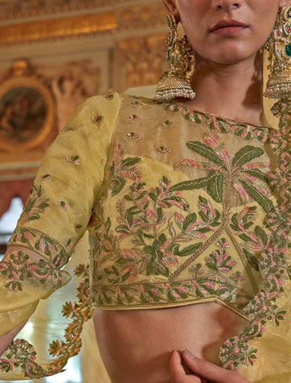 Lime Yellow Soft Tissue Ethnic Multi Thread Embroidery Work Saree