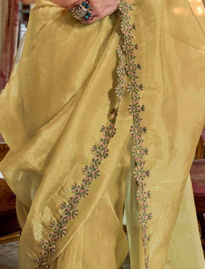Lime Yellow Soft Tissue Ethnic Multi Thread Embroidery Work Saree