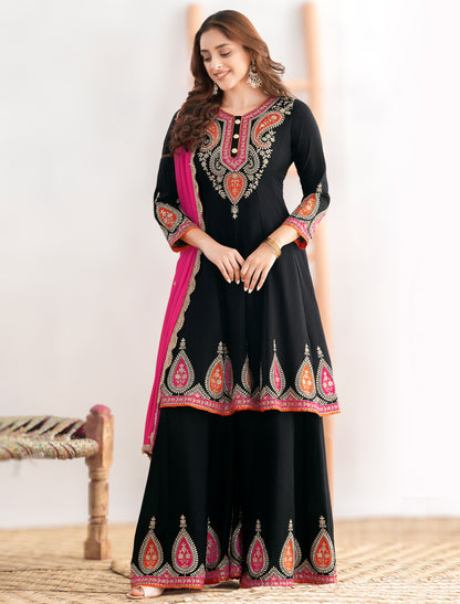 Black Kalidar Party Wear Anarkali Suit Set With Palazzos & Dupatta
