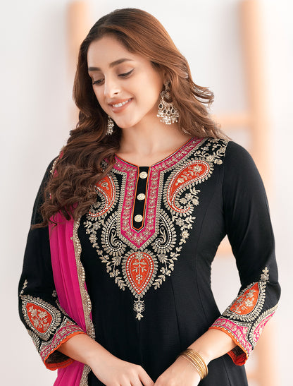 Black Kalidar Party Wear Anarkali Suit Set With Palazzos & Dupatta