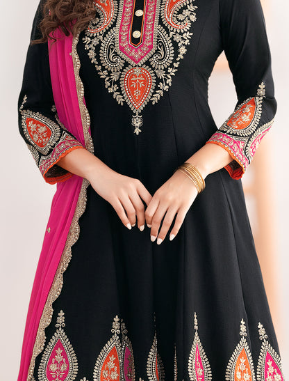 Black Kalidar Party Wear Anarkali Suit Set With Palazzos & Dupatta