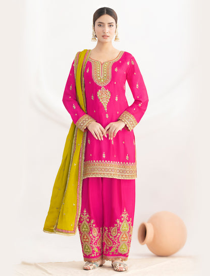 Pink Premium Wedding Wear Embroidered Chinnon Suit For Women