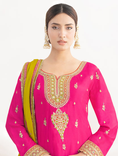 Pink Premium Wedding Wear Embroidered Chinnon Suit For Women