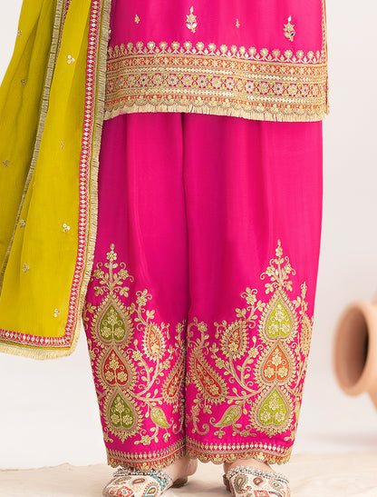 Pink Premium Wedding Wear Embroidered Chinnon Suit For Women
