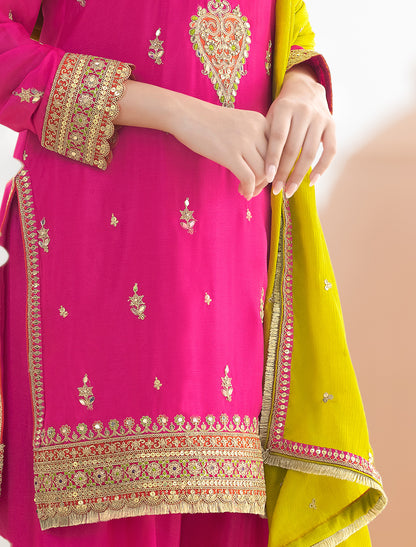Pink Premium Wedding Wear Embroidered Chinnon Suit For Women