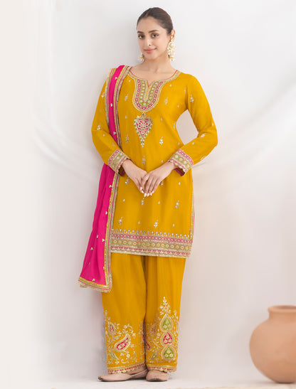 Yellow Premium Chinnon Embroidered Party Wear Suits For Wedding