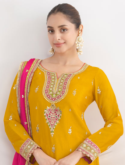 Yellow Premium Chinnon Embroidered Party Wear Suits For Wedding