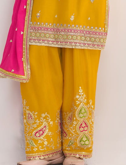 Yellow Premium Chinnon Embroidered Party Wear Suits For Wedding