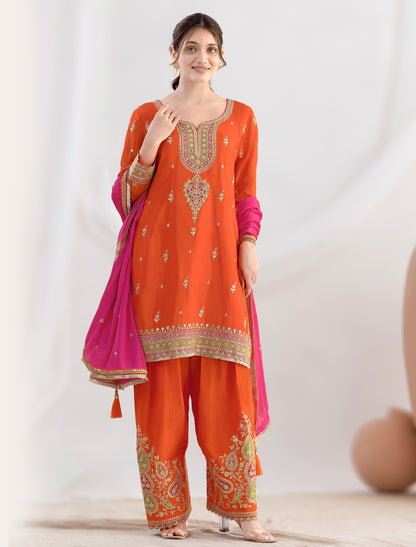 Orange Premium Chinnon Party Wear Wedding Suits With Dabka Embroidery