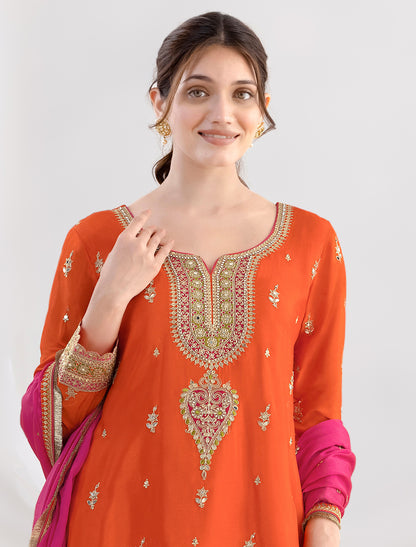Orange Premium Chinnon Party Wear Wedding Suits With Dabka Embroidery