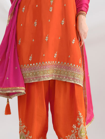 Orange Premium Chinnon Party Wear Wedding Suits With Dabka Embroidery