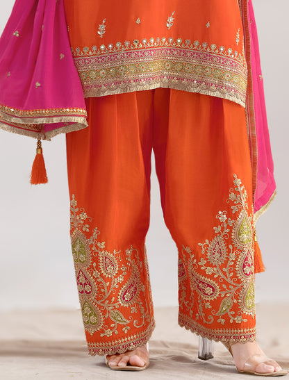 Orange Premium Chinnon Party Wear Wedding Suits With Dabka Embroidery