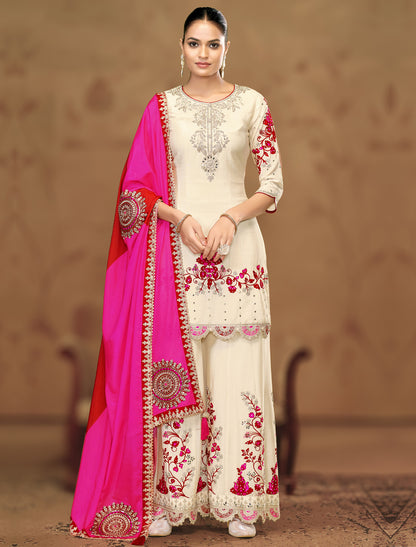 Cream Chinnon Designer Party Wear Embroidery Suit Sets, Dupatta, Palazzo