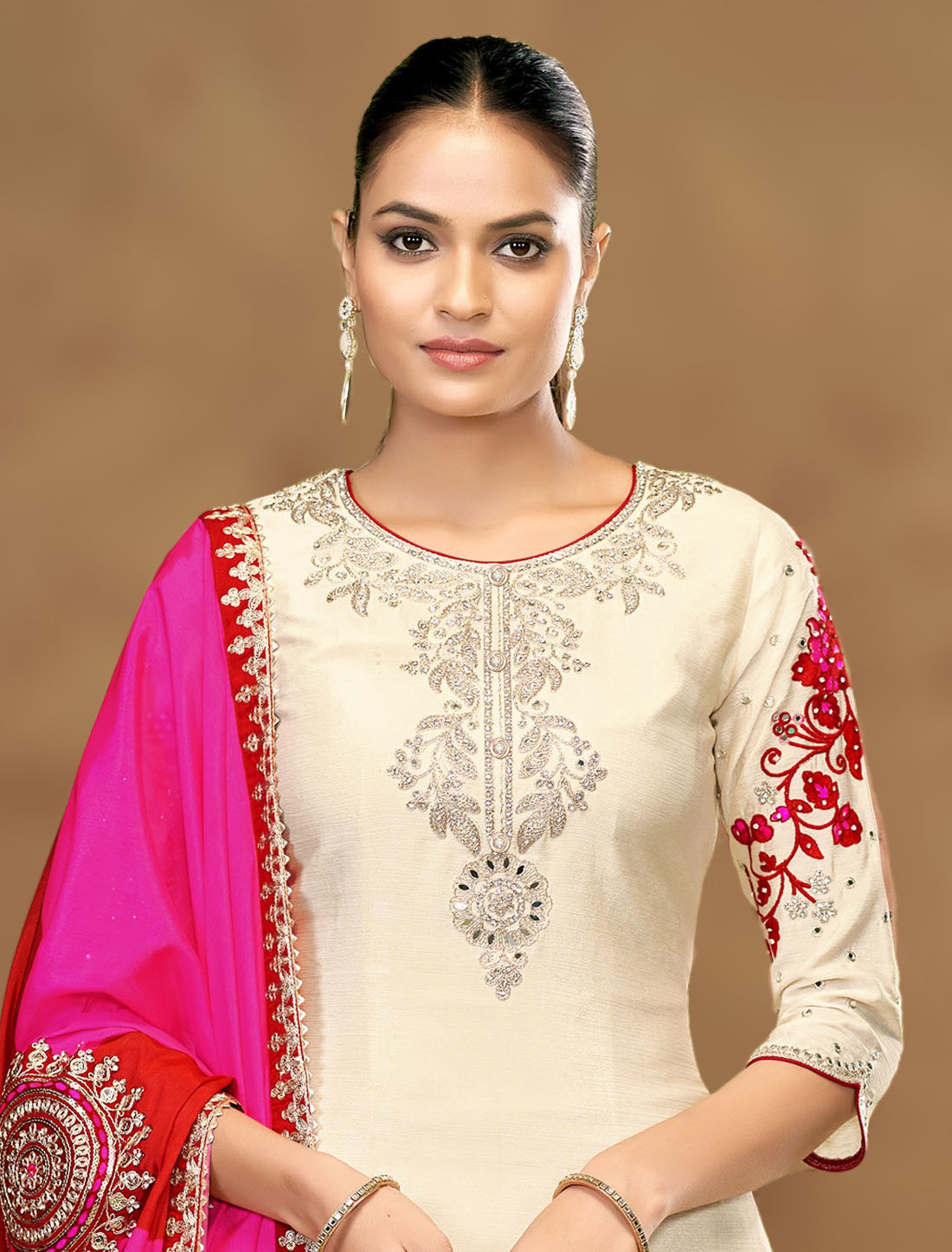 Cream Chinnon Designer Party Wear Embroidery Suit Sets, Dupatta, Palazzo