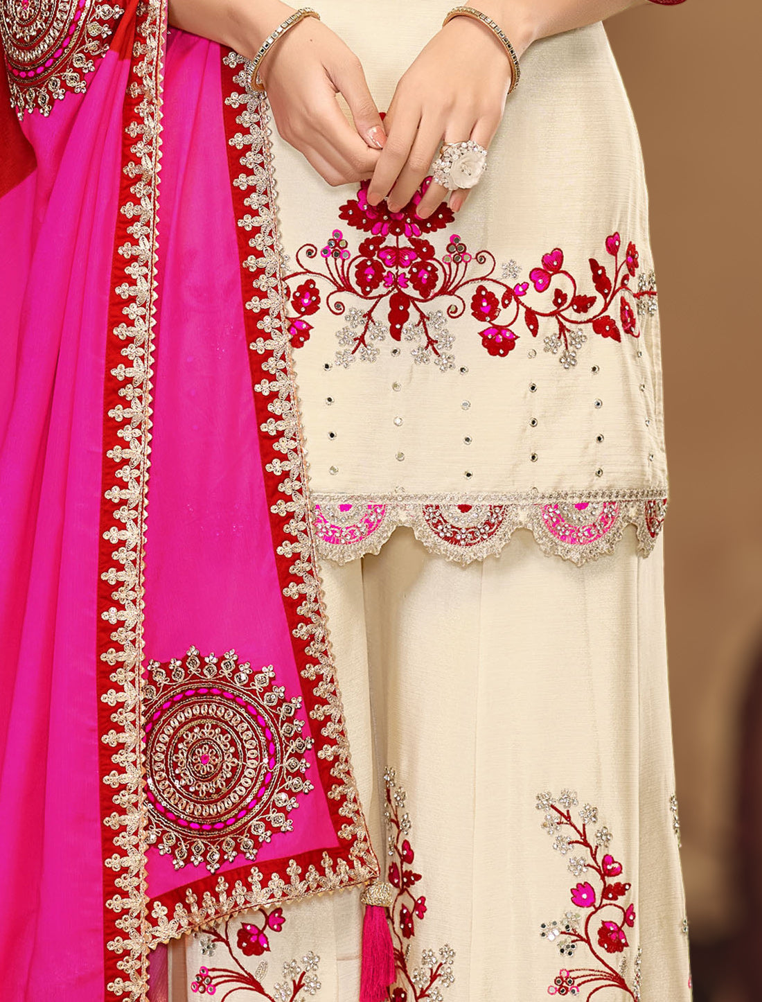 Cream Chinnon Designer Party Wear Embroidery Suit Sets, Dupatta, Palazzo