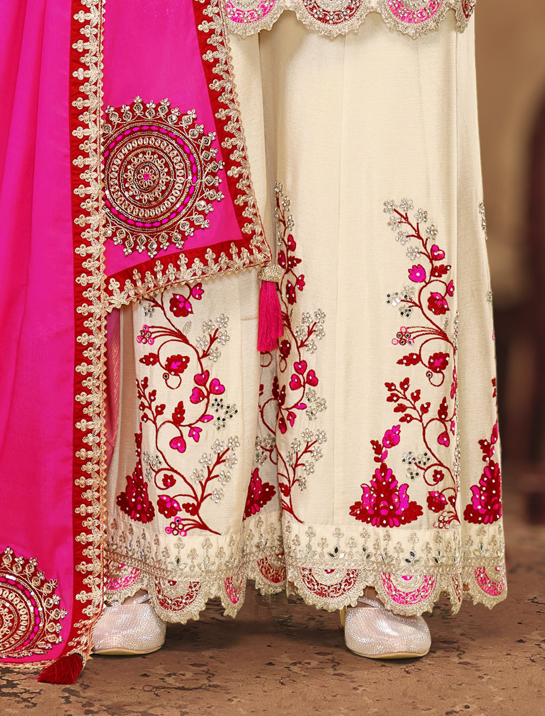 Cream Chinnon Designer Party Wear Embroidery Suit Sets, Dupatta, Palazzo