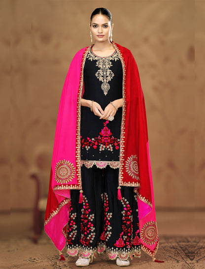 Black Chinnon Designer Party Wear Embroidered Suit Sets, Dupatta, Palazzo
