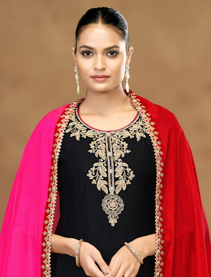 Black Chinnon Designer Party Wear Embroidered Suit Sets, Dupatta, Palazzo