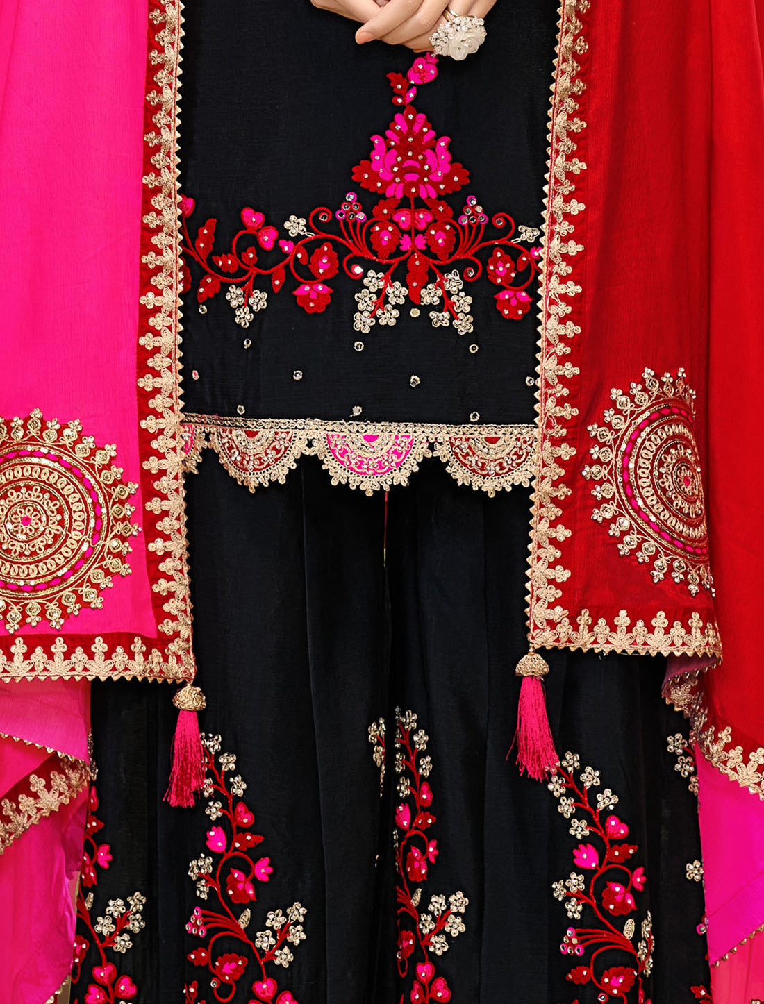Black Chinnon Designer Party Wear Embroidered Suit Sets, Dupatta, Palazzo