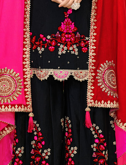 Black Chinnon Designer Party Wear Embroidered Suit Sets, Dupatta, Palazzo