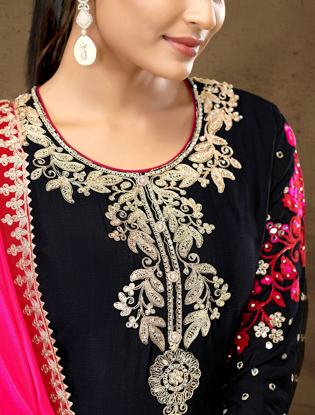 Black Chinnon Designer Party Wear Embroidered Suit Sets, Dupatta, Palazzo