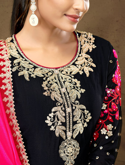 Black Chinnon Designer Party Wear Embroidered Suit Sets, Dupatta, Palazzo