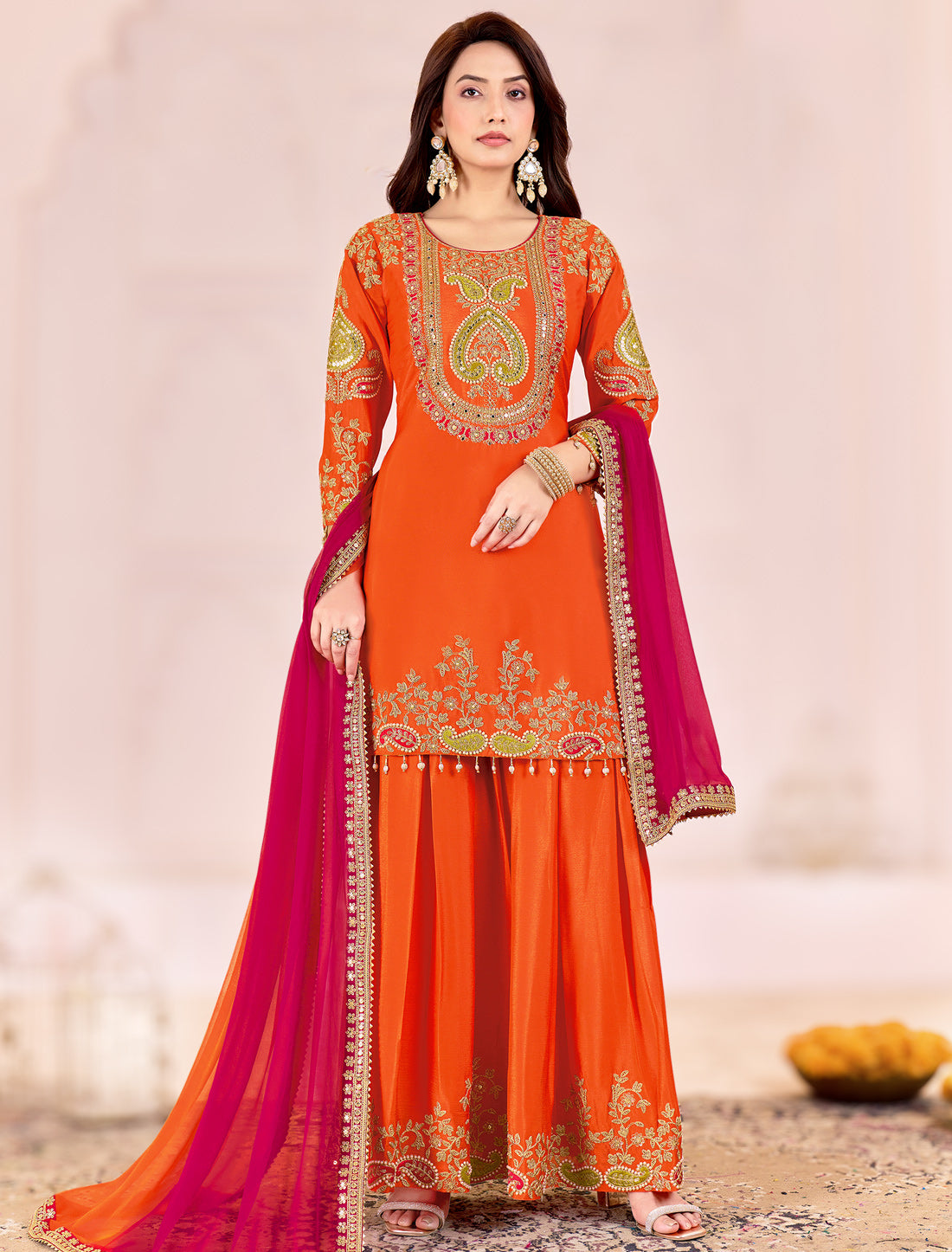 Orange Chinnon Readymade Embroidered Party Wear Suits