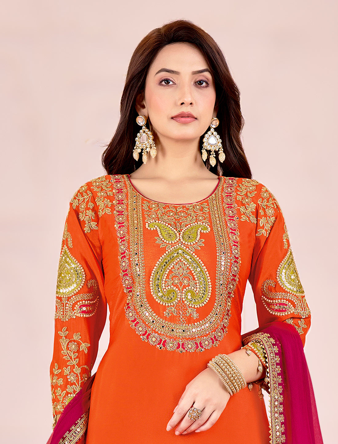 Orange Chinnon Readymade Embroidered Party Wear Suits