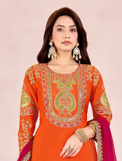 Orange Chinnon Readymade Embroidered Party Wear Suits