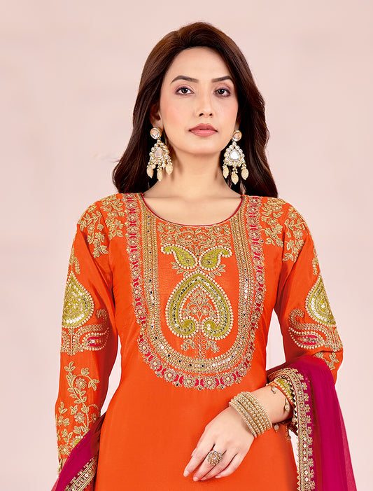 Orange Chinnon Readymade Embroidered Party Wear Suits