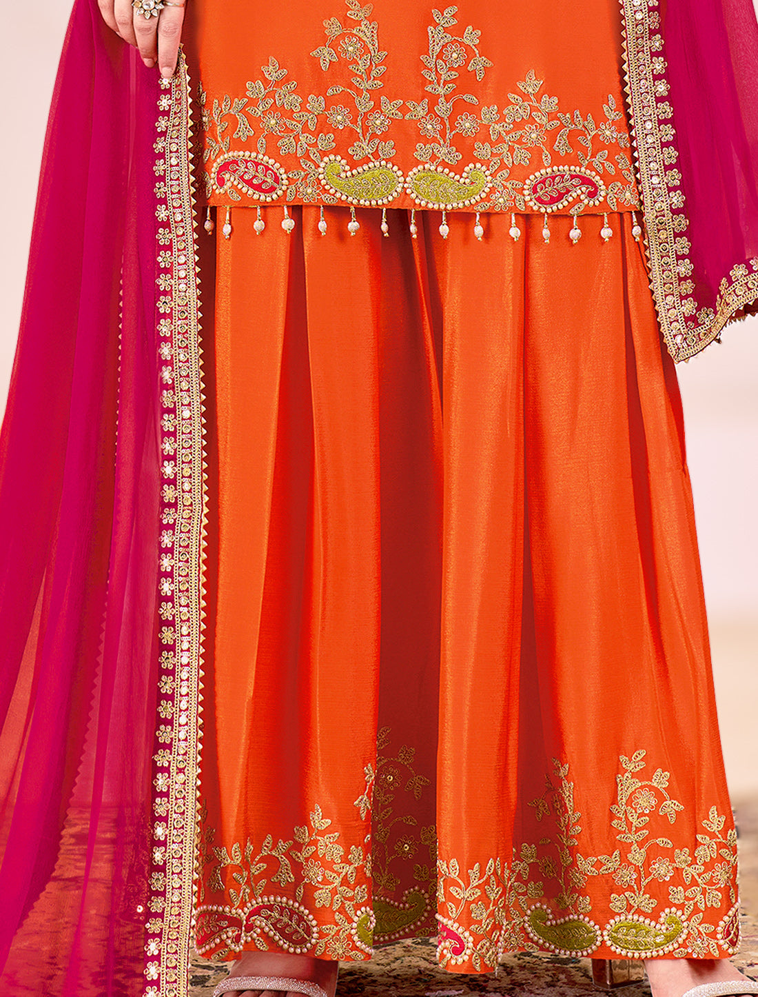 Orange Chinnon Readymade Embroidered Party Wear Suits