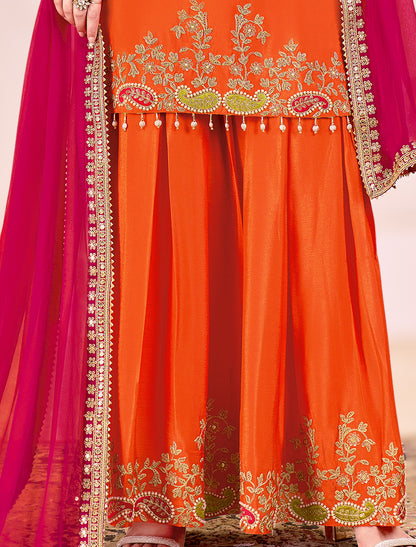 Orange Chinnon Readymade Embroidered Party Wear Suits
