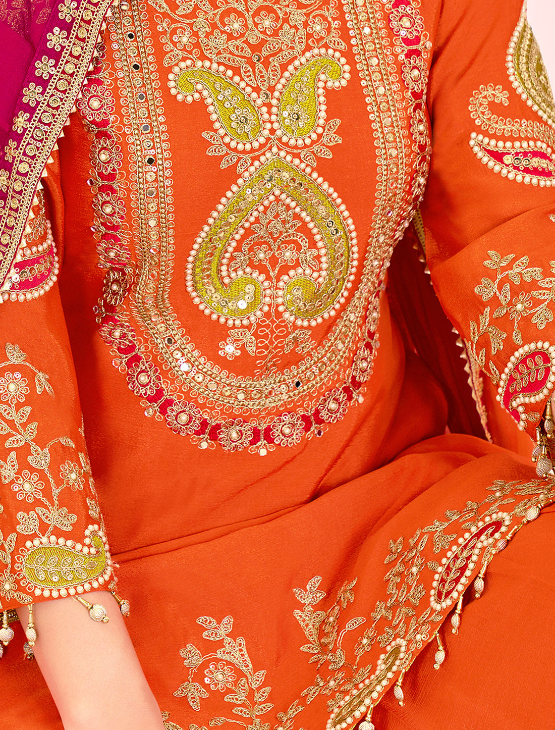 Orange Chinnon Readymade Embroidered Party Wear Suits