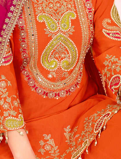 Orange Chinnon Readymade Embroidered Party Wear Suits