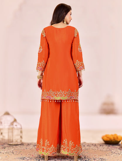 Orange Chinnon Readymade Embroidered Party Wear Suits
