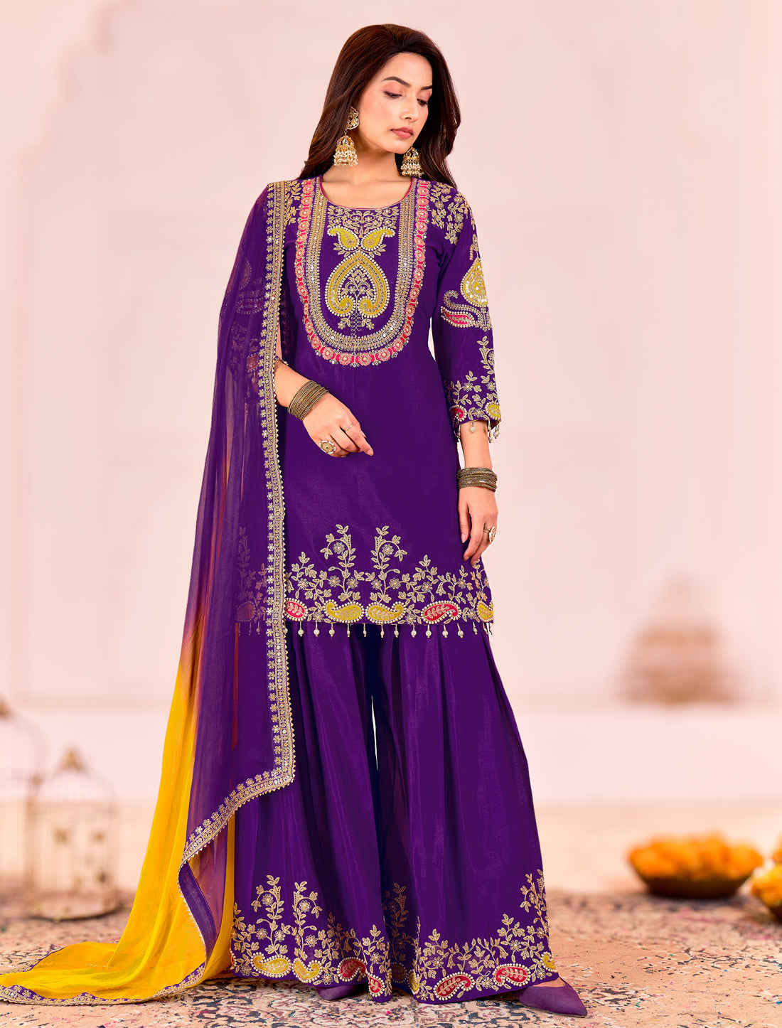 Purple Embroidered Chinnon Readymade Party Wear Suits, Palazzo, Dupatta