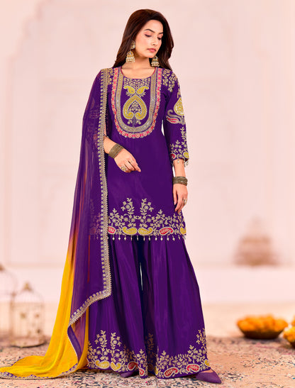 Purple Embroidered Chinnon Readymade Party Wear Suits, Palazzo, Dupatta