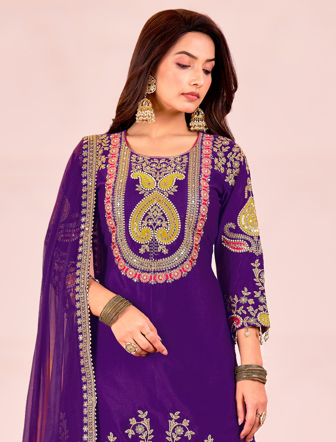 Purple Embroidered Chinnon Readymade Party Wear Suits, Palazzo, Dupatta