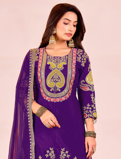 Purple Embroidered Chinnon Readymade Party Wear Suits, Palazzo, Dupatta