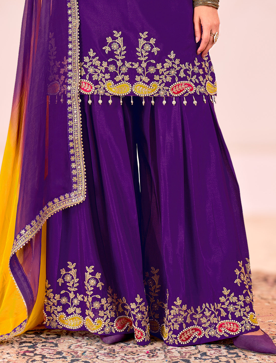 Purple Embroidered Chinnon Readymade Party Wear Suits, Palazzo, Dupatta
