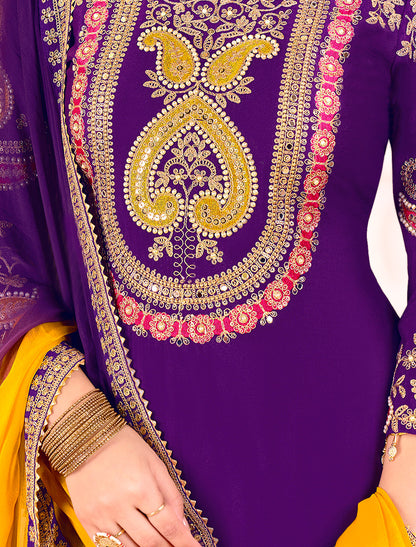 Purple Embroidered Chinnon Readymade Party Wear Suits, Palazzo, Dupatta