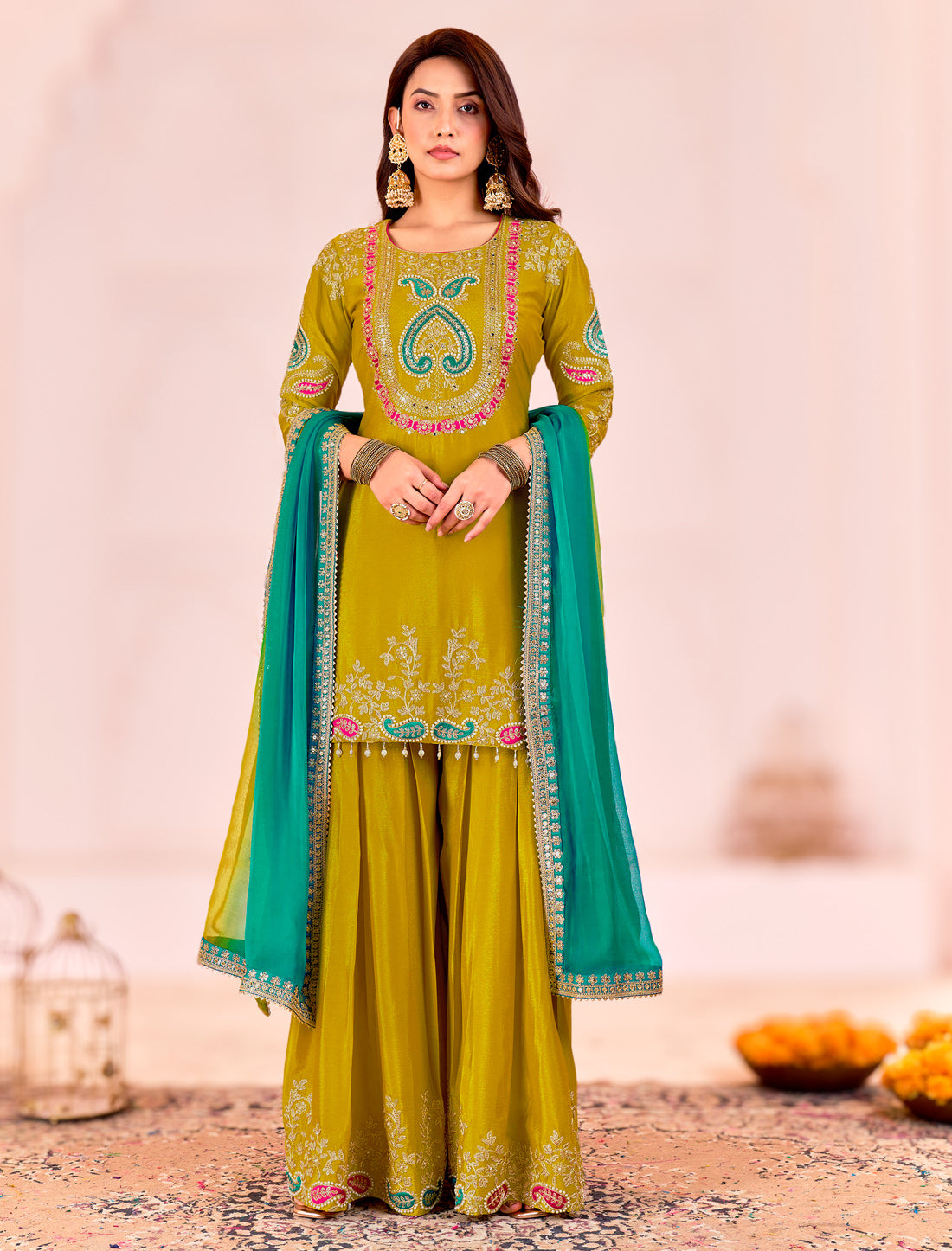 Yellow Readymade Party Wear Salwar Kameez Chinnon Suit, Palazzo, Dupatta