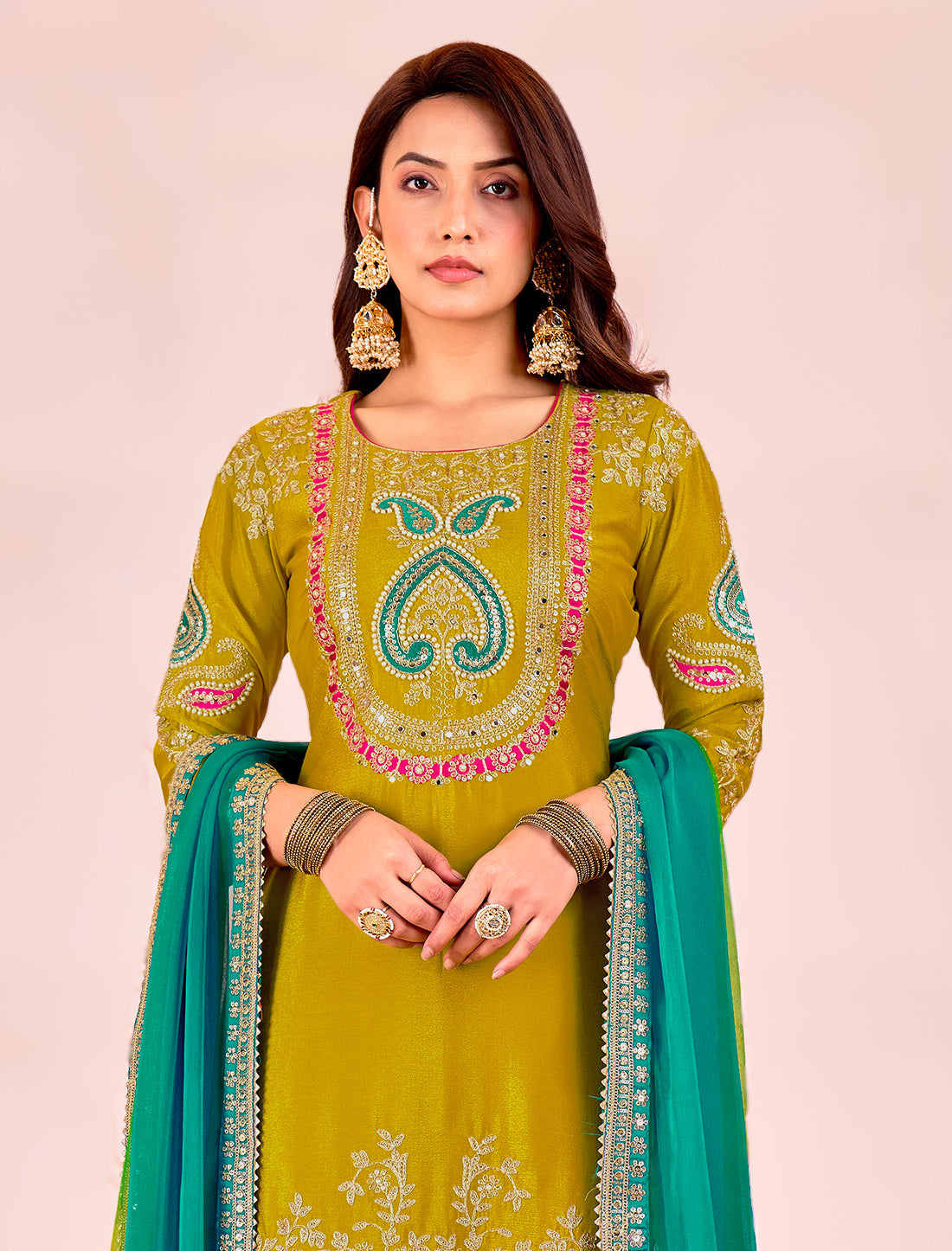 Yellow Readymade Party Wear Salwar Kameez Chinnon Suit, Palazzo, Dupatta